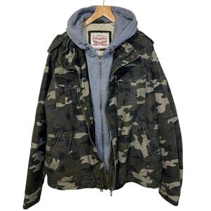 Levi's Camo Zip Up Military Jacket W/ Sherpa Lining & Removable Gray Hood Large
